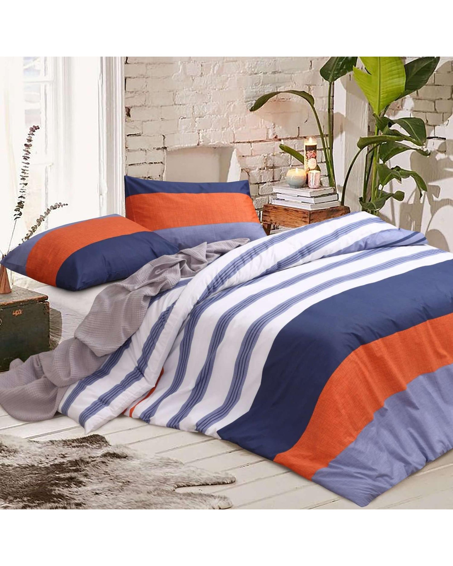 Amsons Kara Pure Cotton Quilt Doona Duvet Cover Set – White, Blue, Rust Amsons