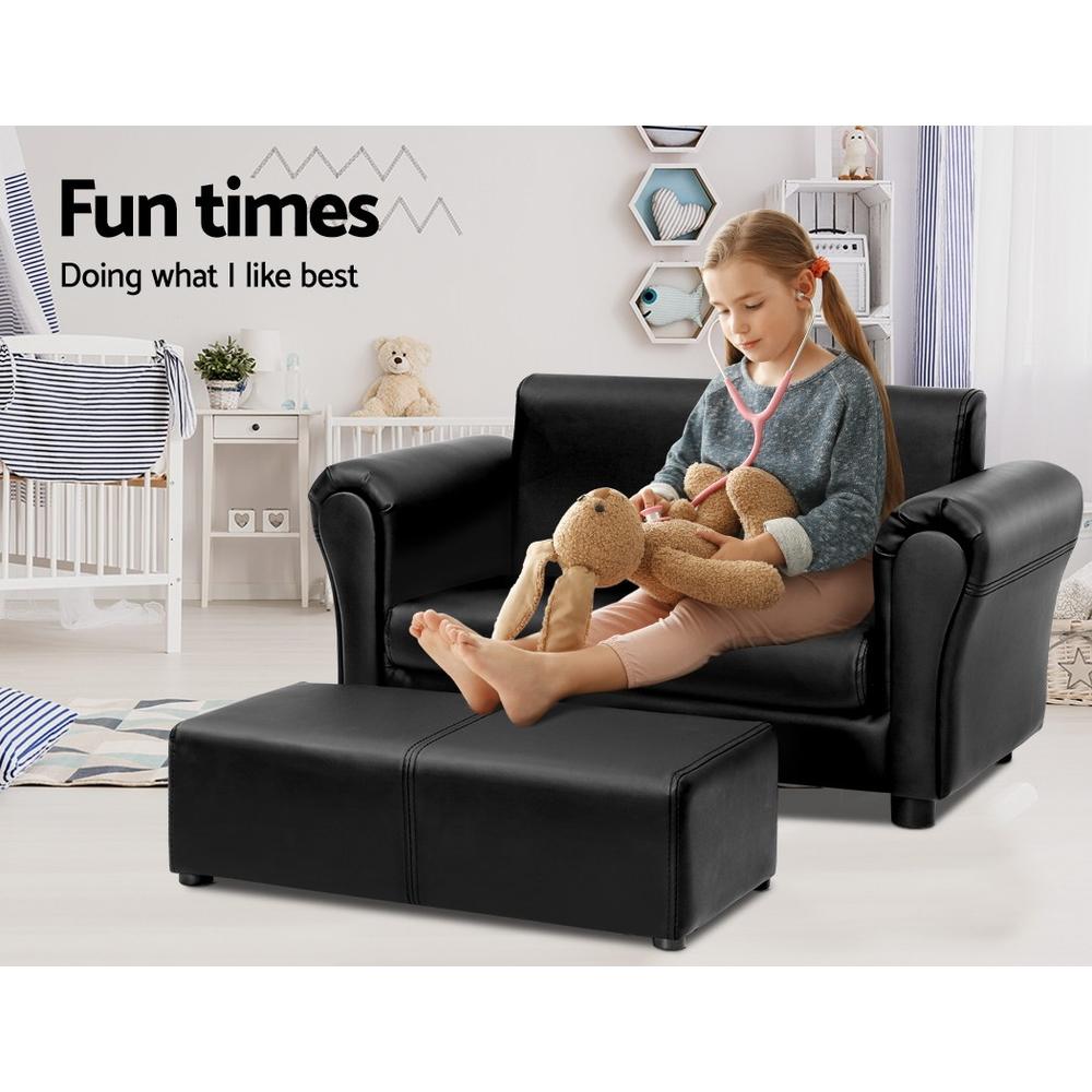 Kids Sofa Armchair Footstool Set Black Lounge Chair Children Lounge Couch Artiss