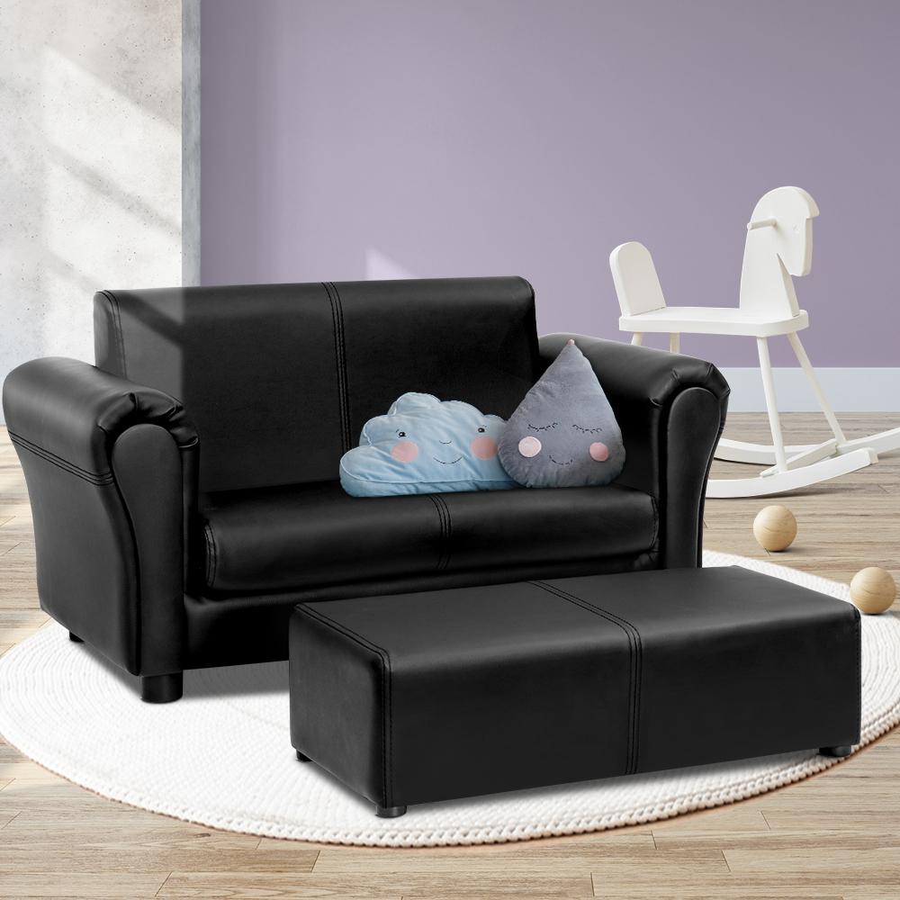 Kids Sofa Armchair Footstool Set Black Lounge Chair Children Lounge Couch Artiss