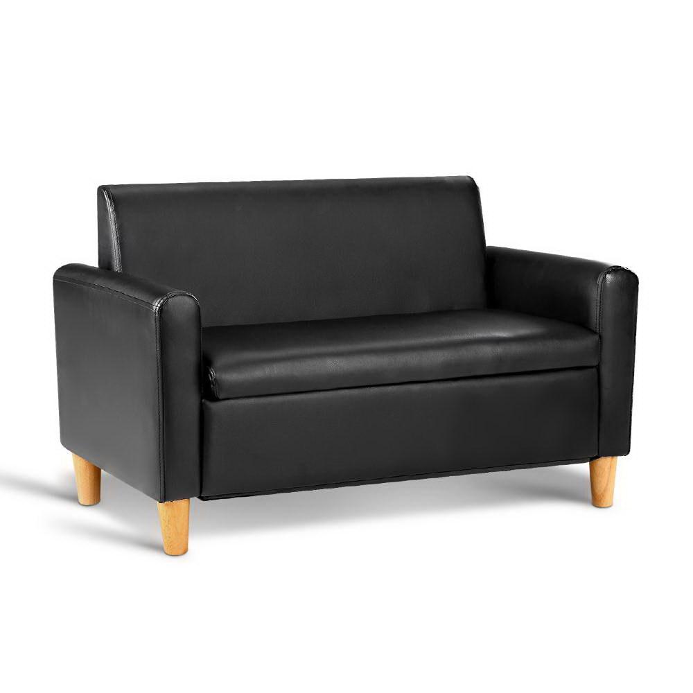 Kids Sofa Storage Armchair 2 Seater Black PU Leather Children Chair Couch Artiss