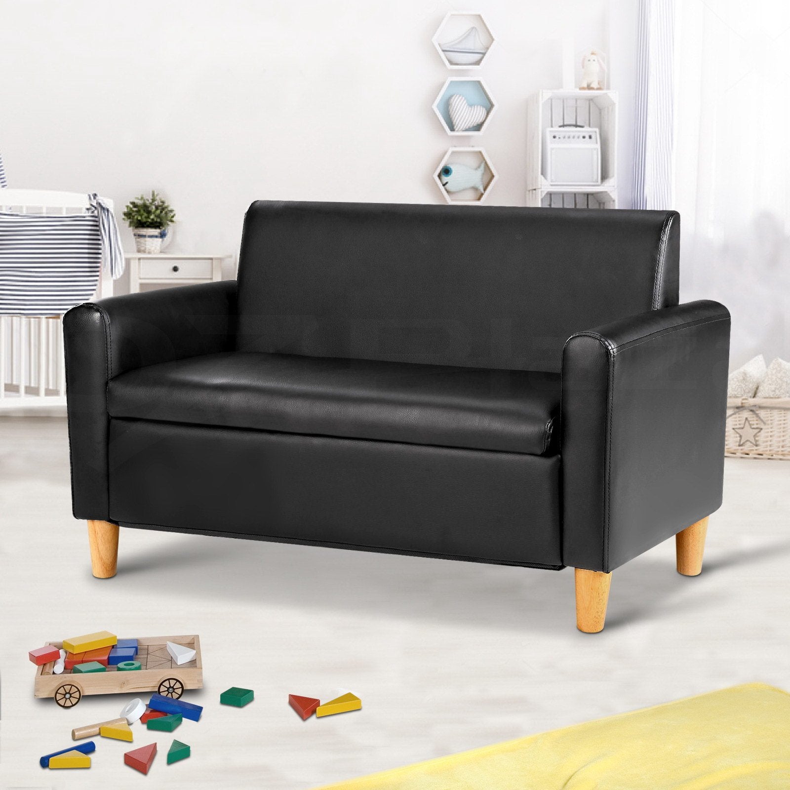 Kids Sofa Storage Armchair 2 Seater Black PU Leather Children Chair Couch Artiss
