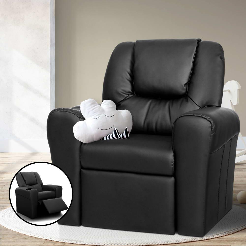 Kids Recliner Chair Black PU Leather Sofa Lounge Couch Children Armchair Artiss