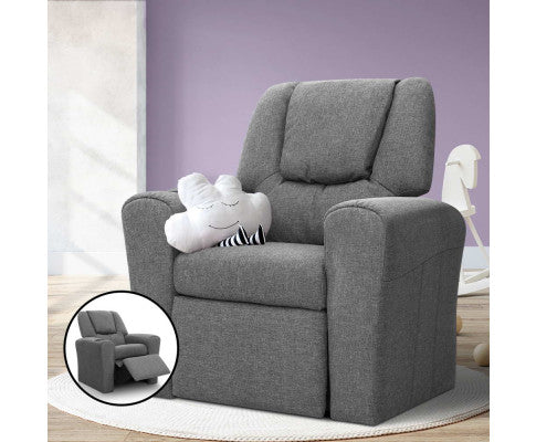 Kids Recliner Chair Grey Linen Soft Sofa Lounge Couch Children Armchair Artiss