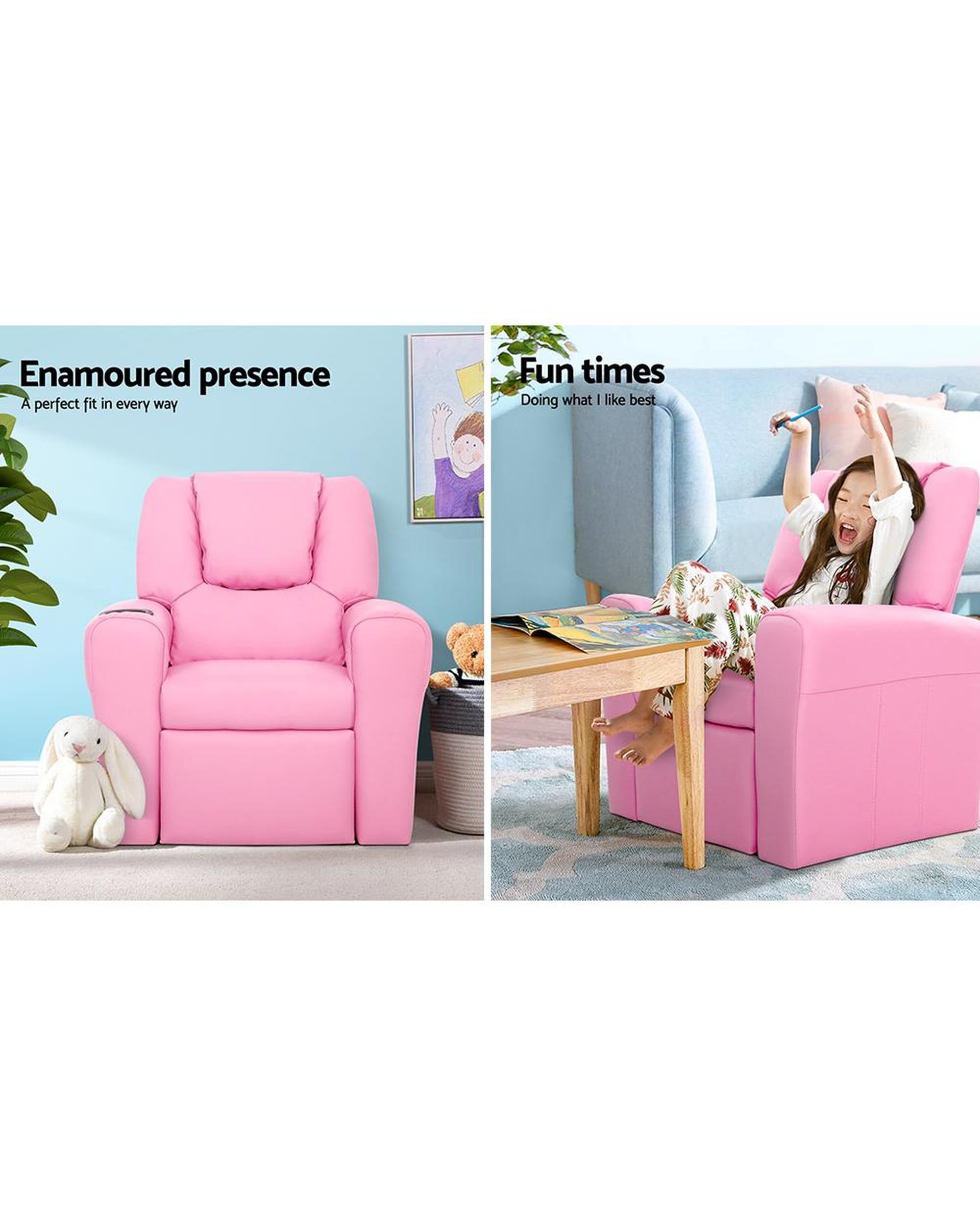 Kids Recliner Chair Pink PU Leather Sofa Lounge Couch Children Armchair Artiss
