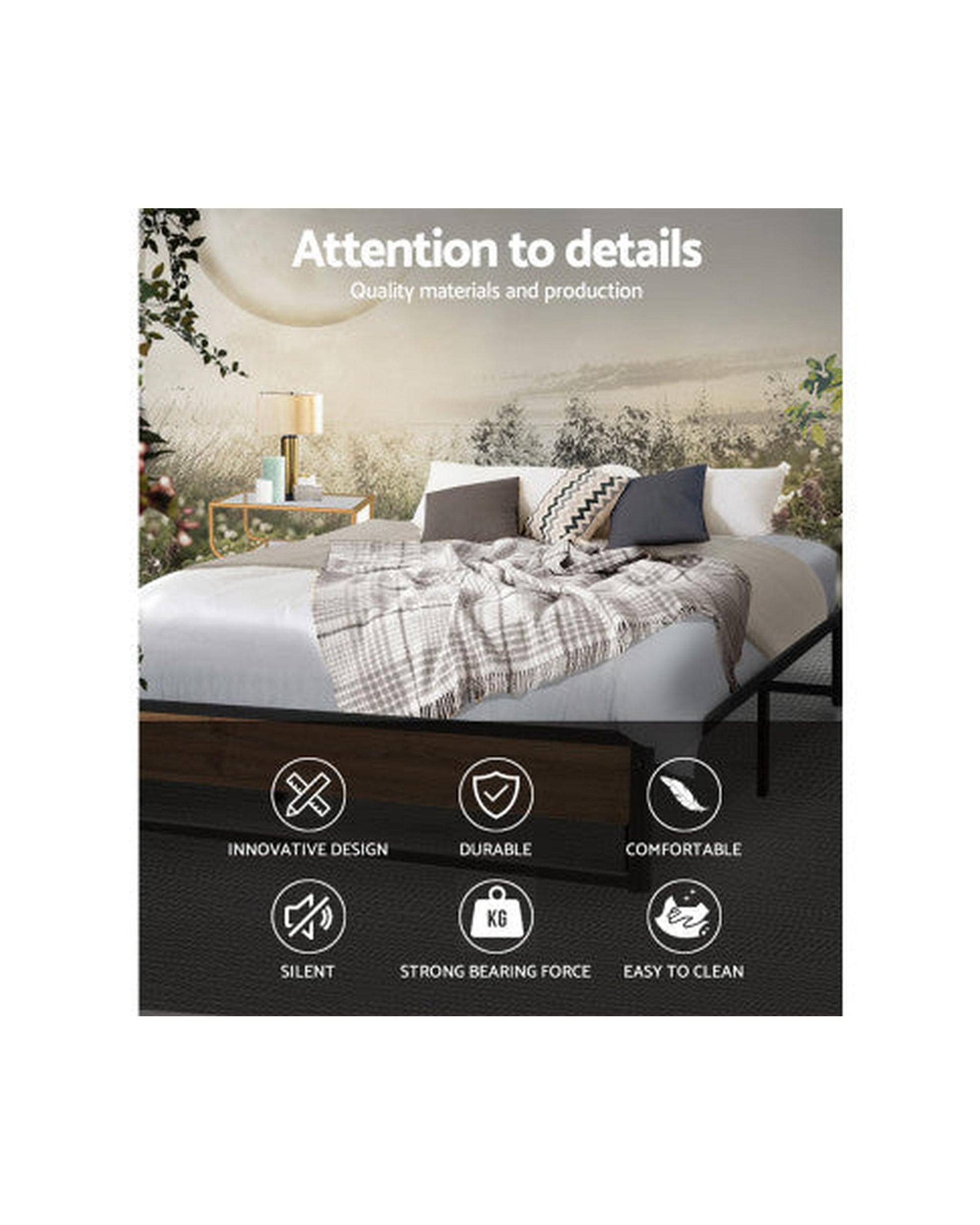 Metal Bed Frame Mattress Base Platform Foundation Wooden Black OSLO Artiss