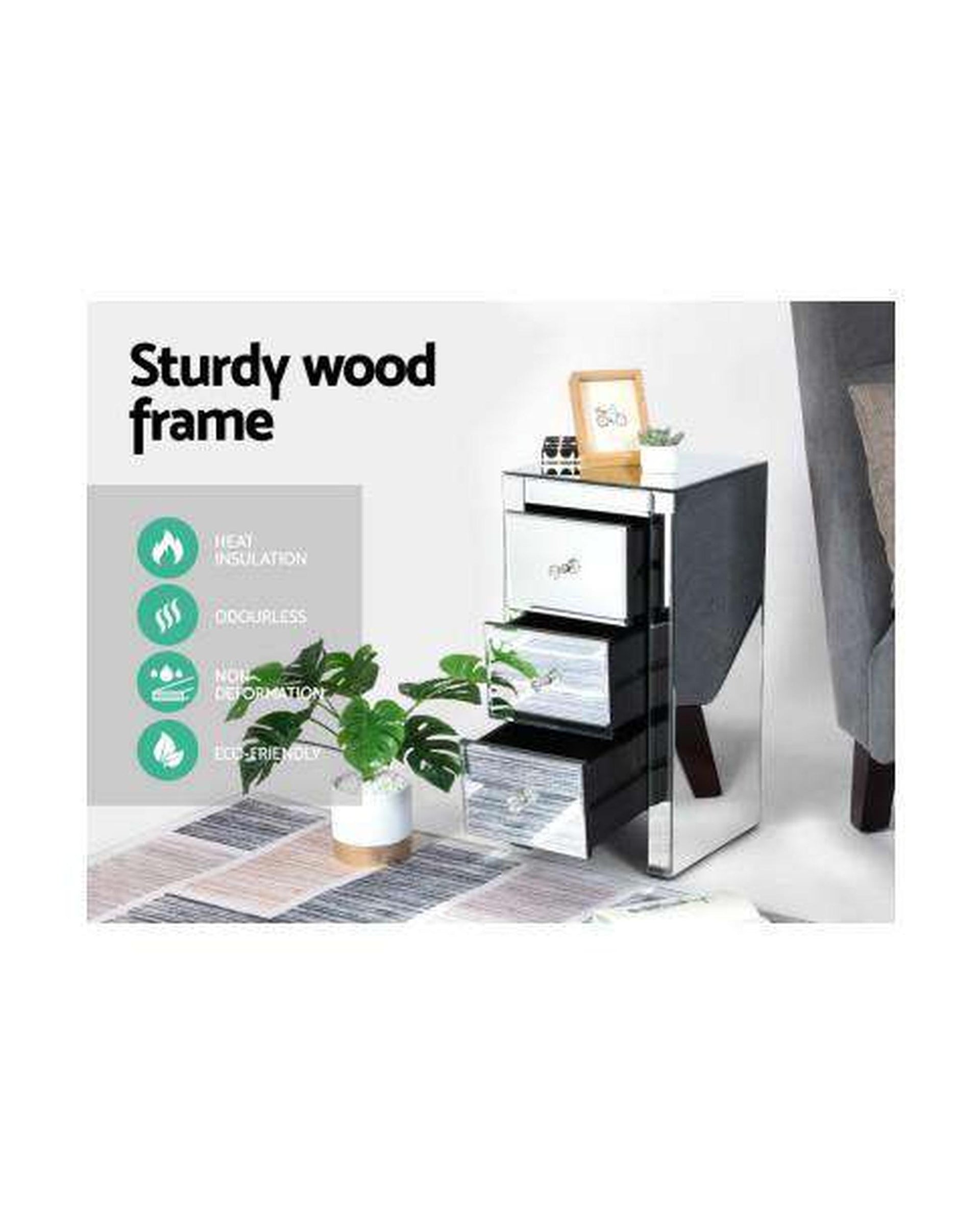 Mirrored Bedside Table - Silver Artiss