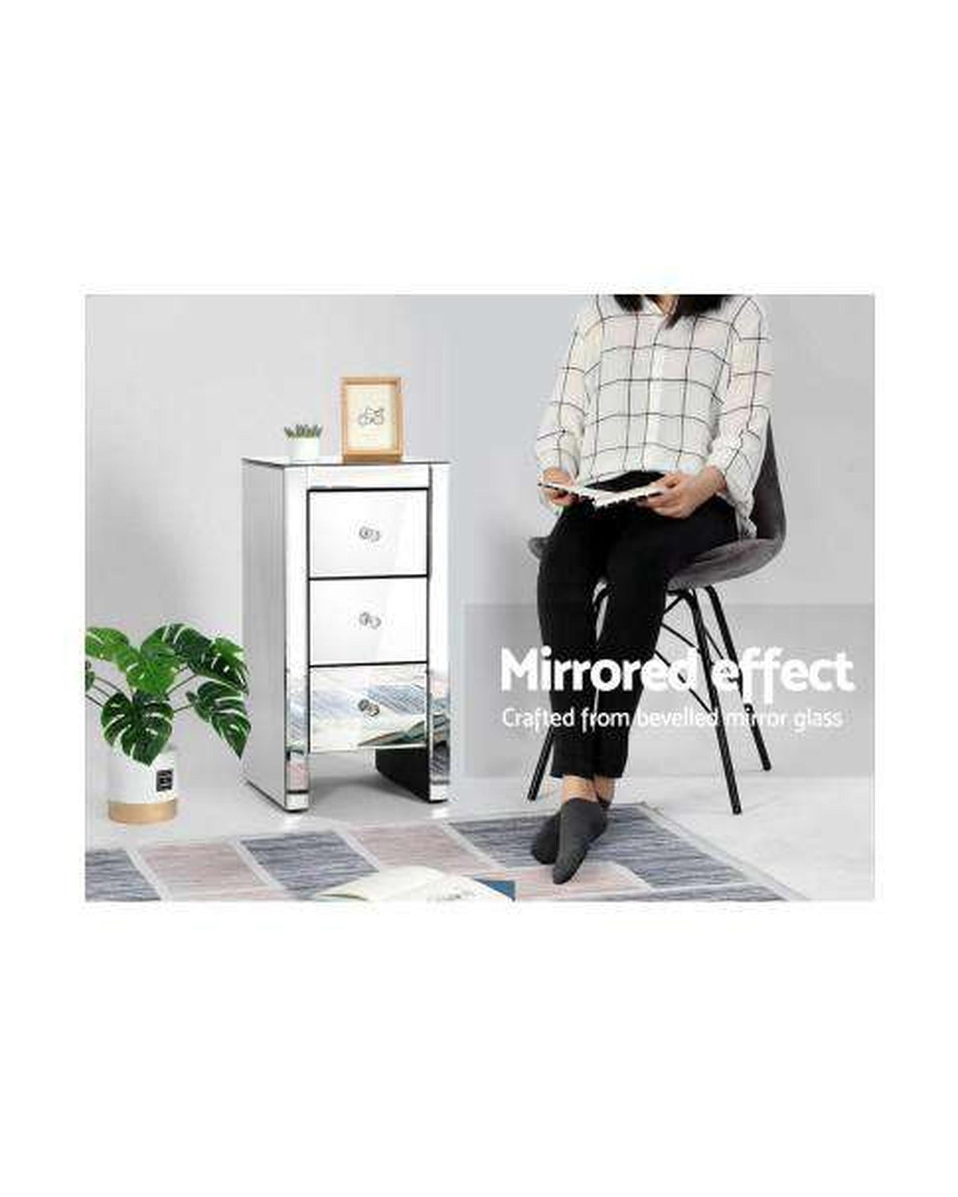 Mirrored Bedside Table - Silver Artiss