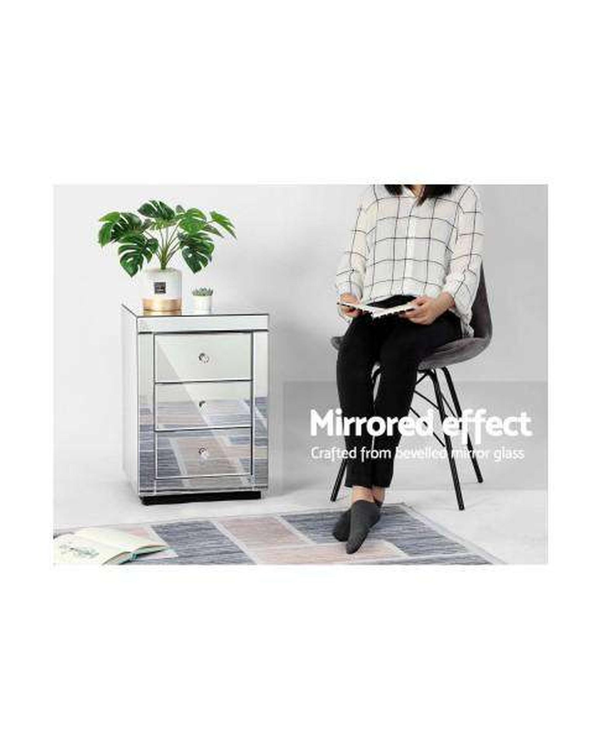 Mirrored Bedside Table - Silver Artiss