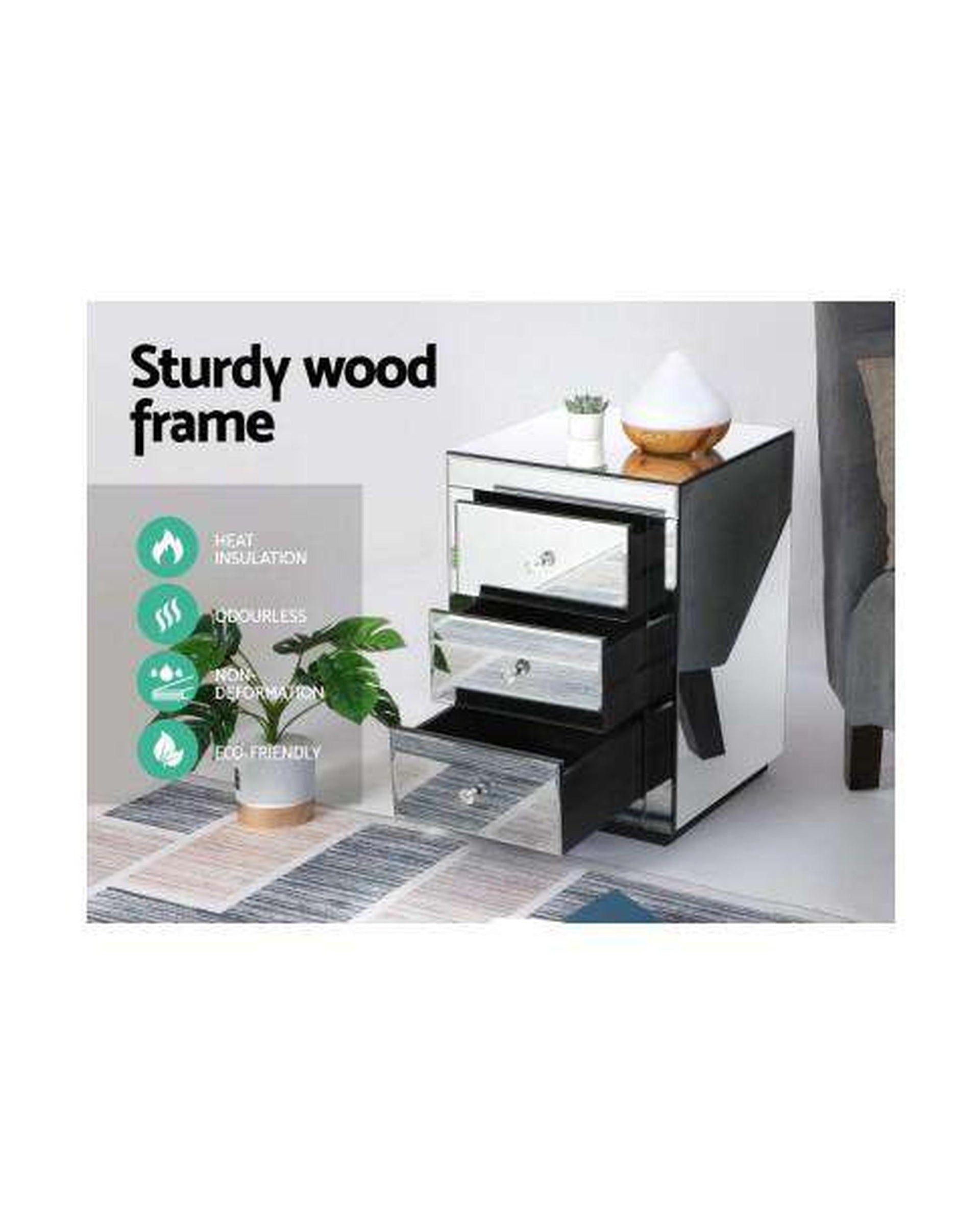 Mirrored Bedside Table - Silver Artiss