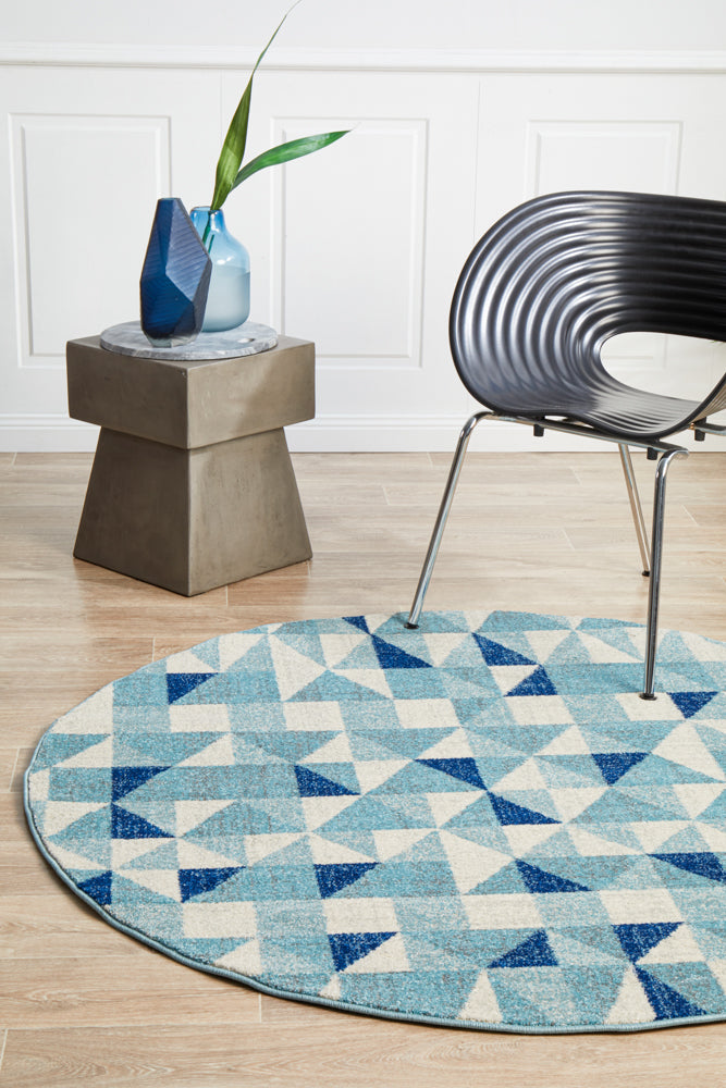 Mirage Illusion Modern Geo Blue Ivory Round Rug Rug Culture