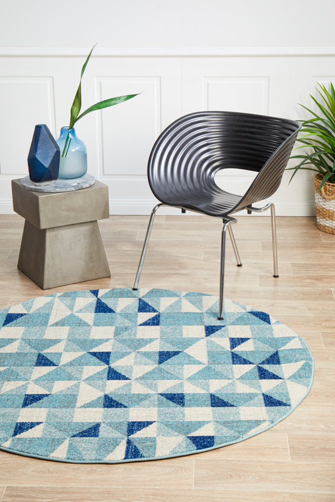 Mirage Illusion Modern Geo Blue Ivory Round Rug Rug Culture