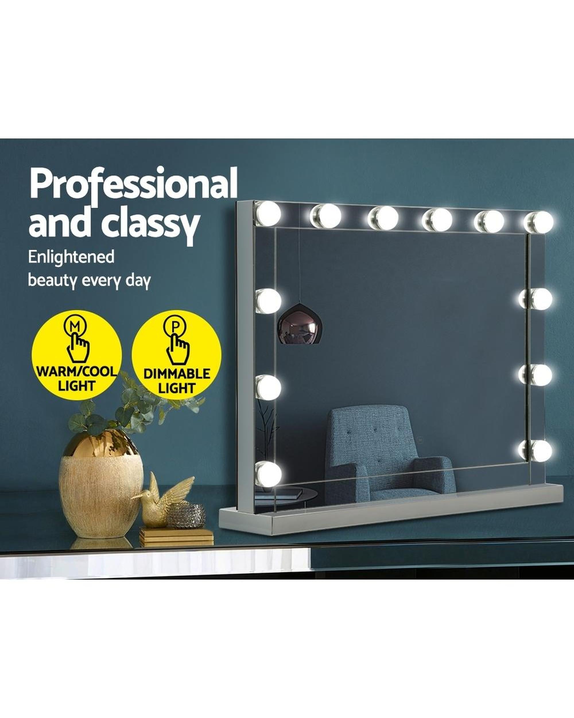 Hollywood Makeup Mirror With Light 12 LED Bulbs Vanity Lighted Silver 58cm x 46cm Embellir