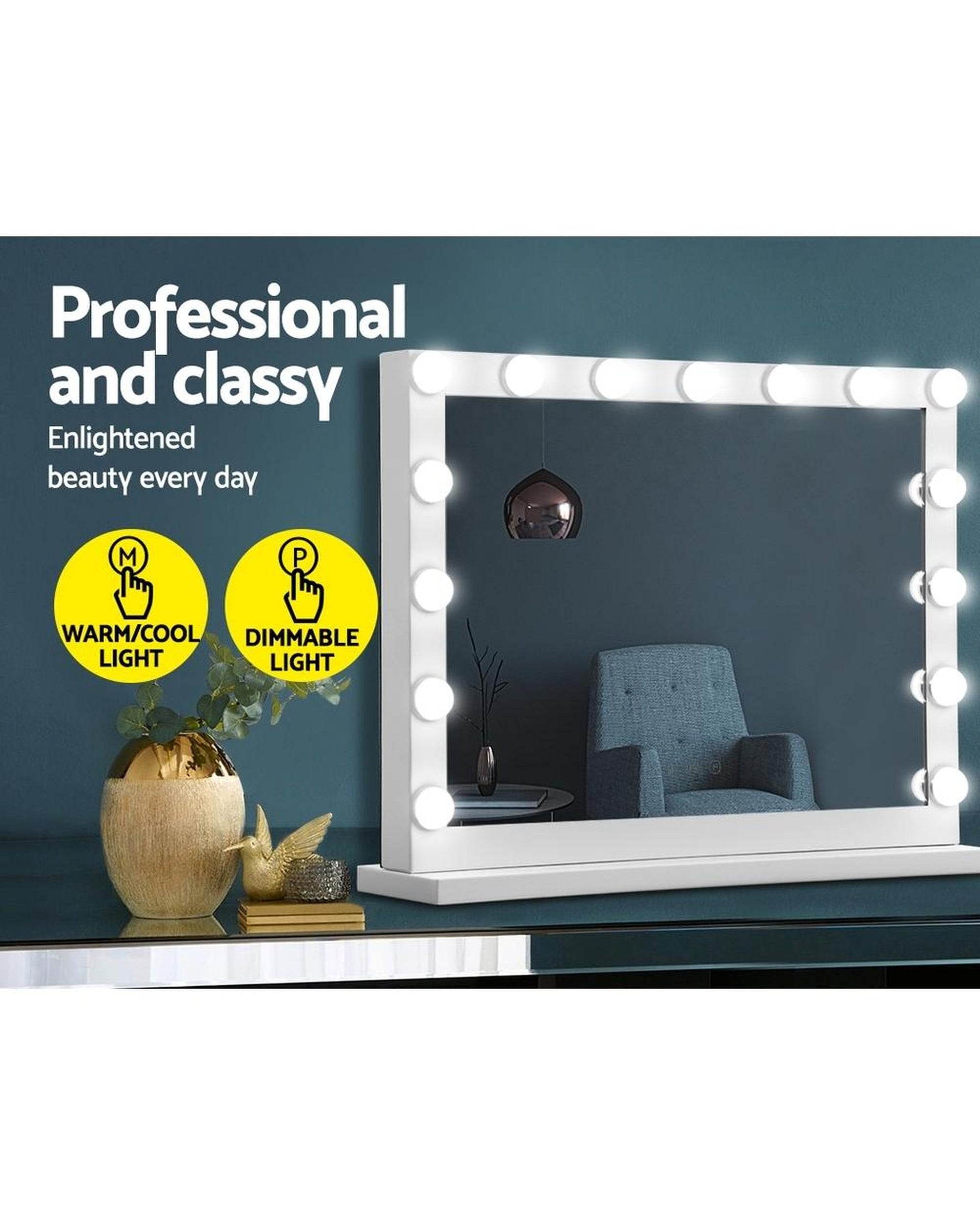 Makeup Mirror With Light Hollywood 15 LED Bulbs Vanity Lighted White 58cm x 46cm Embellir