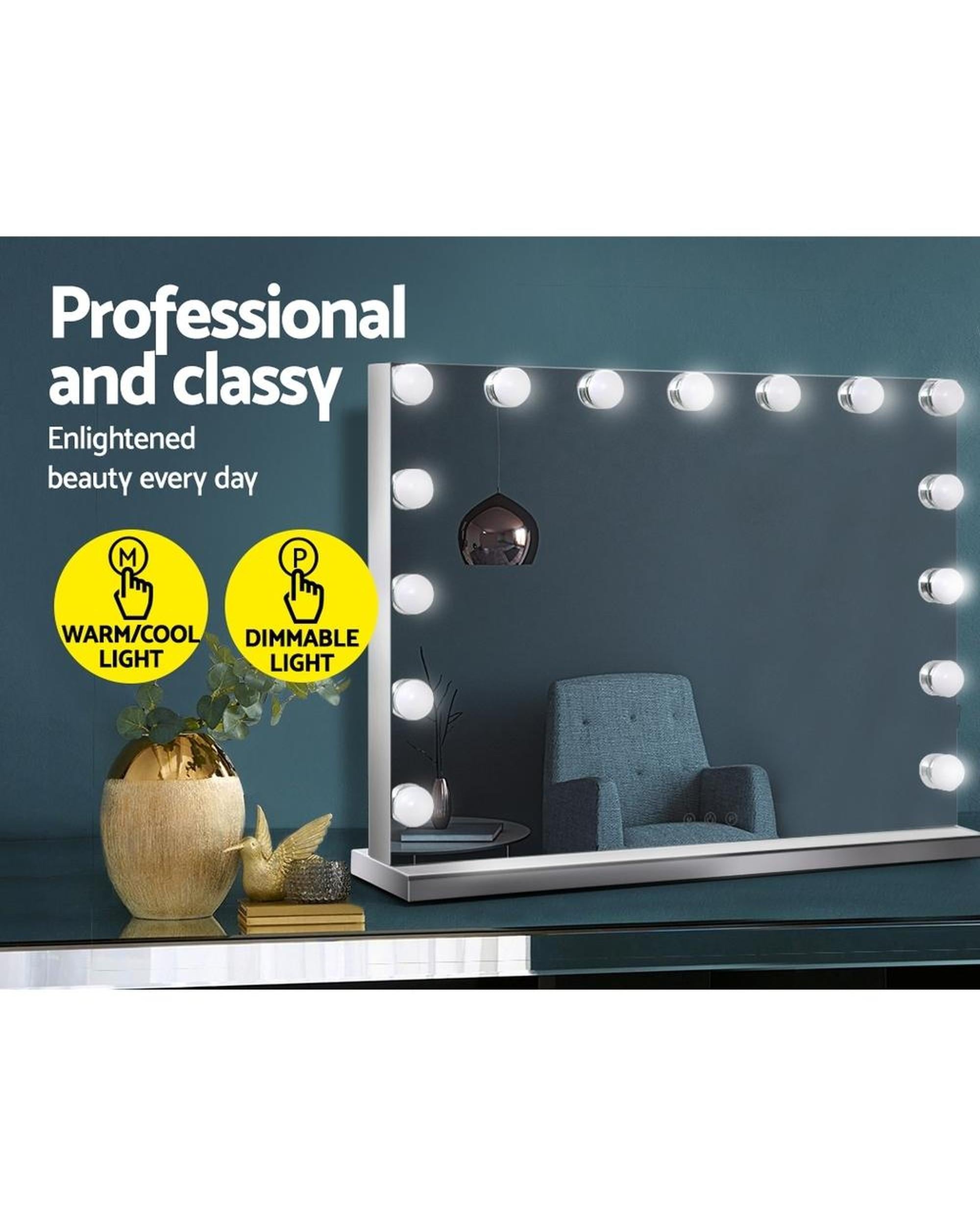Hollywood Frameless Makeup Mirror With 15 LED Lighted Vanity Beauty 58cm x 46cm Embellir