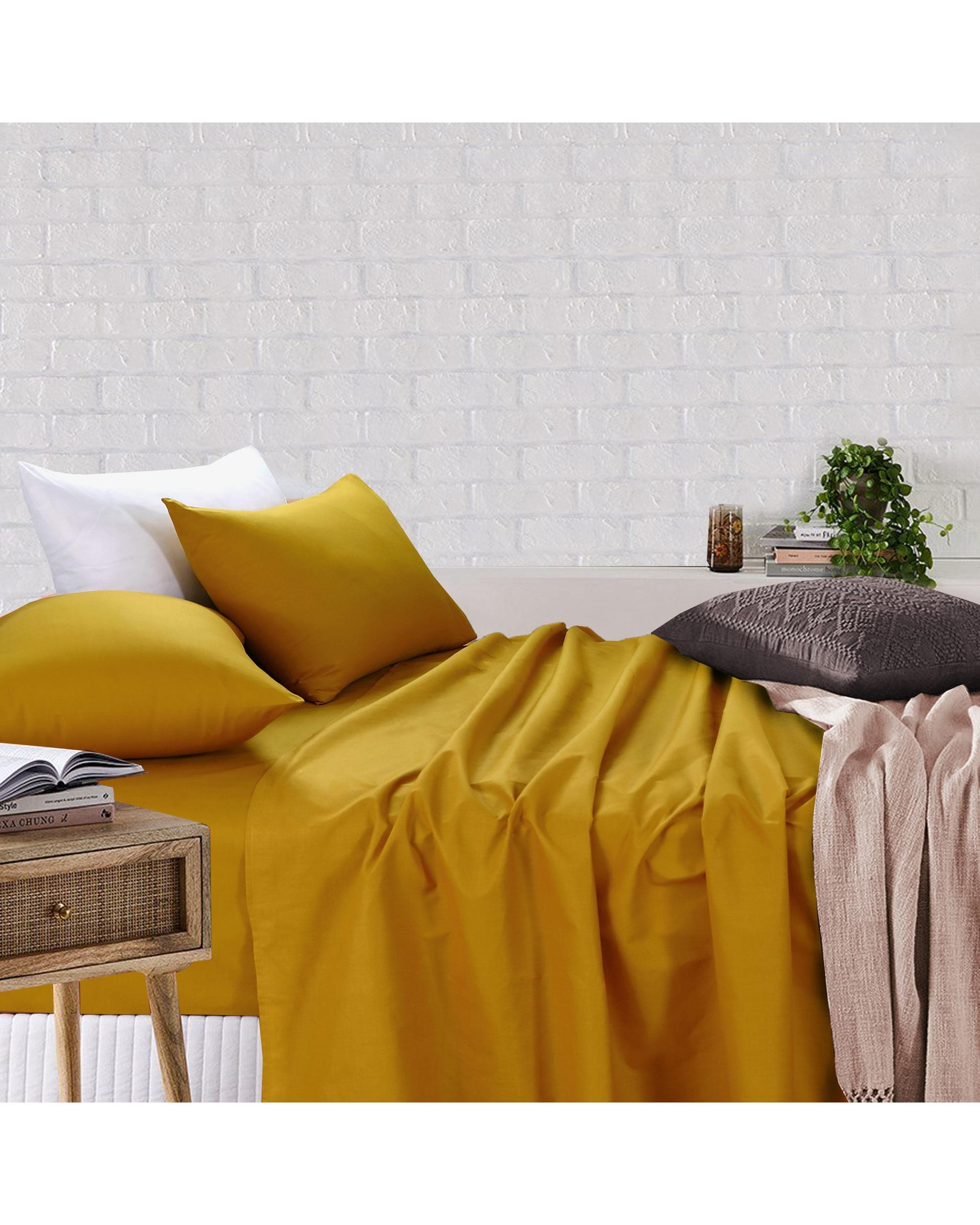Amsons Royale Cotton Sheet Set - Fitted Flat Sheet With Pillowcases - Mustard Amsons
