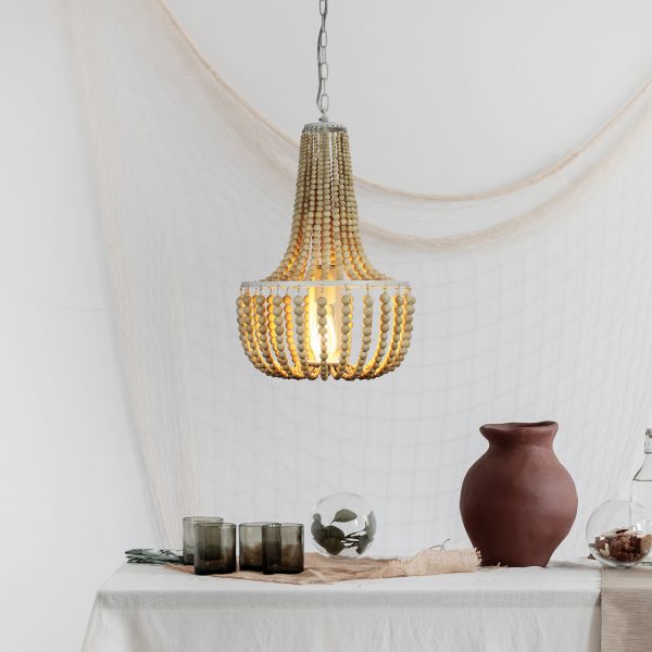 Cascara 1 Light Pendant Light Natural Wooden Beaded Pendant Oriel Lighting