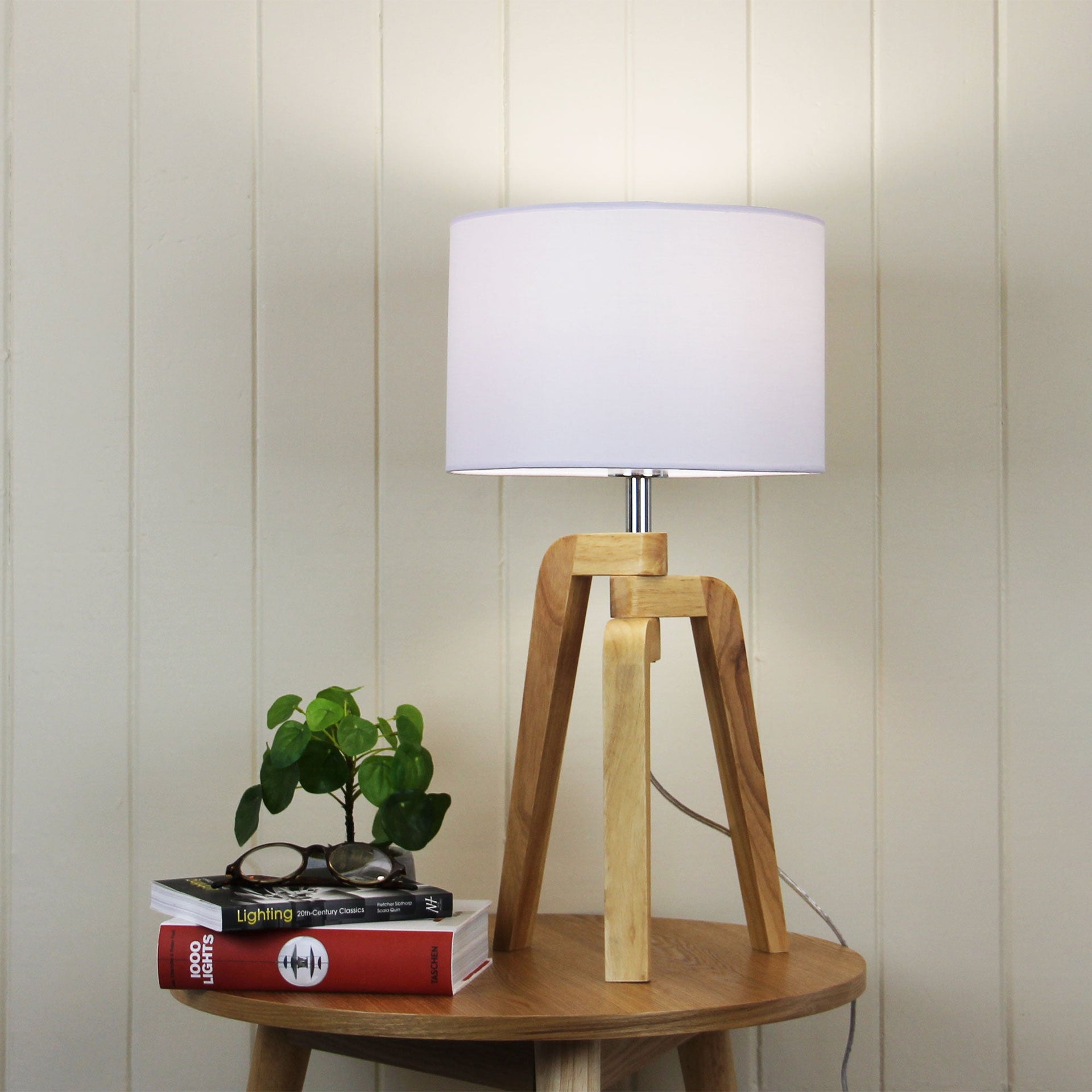 LUND TABLE LAMP Scandi Inspired Timber Tripod Lamp with Shade Oriel Lighting