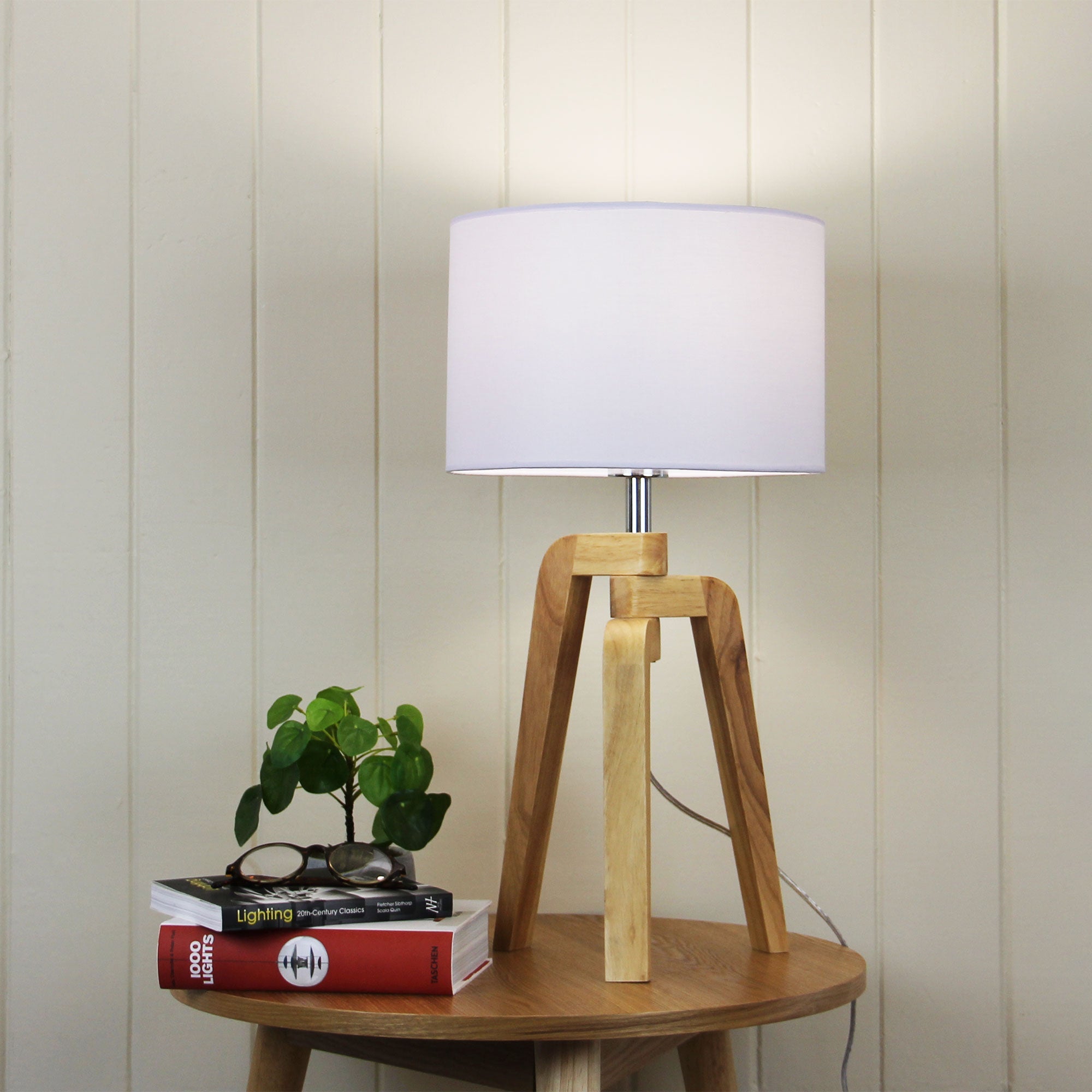 LUND TABLE LAMP Scandi Inspired Timber Tripod Lamp with Shade Oriel Lighting