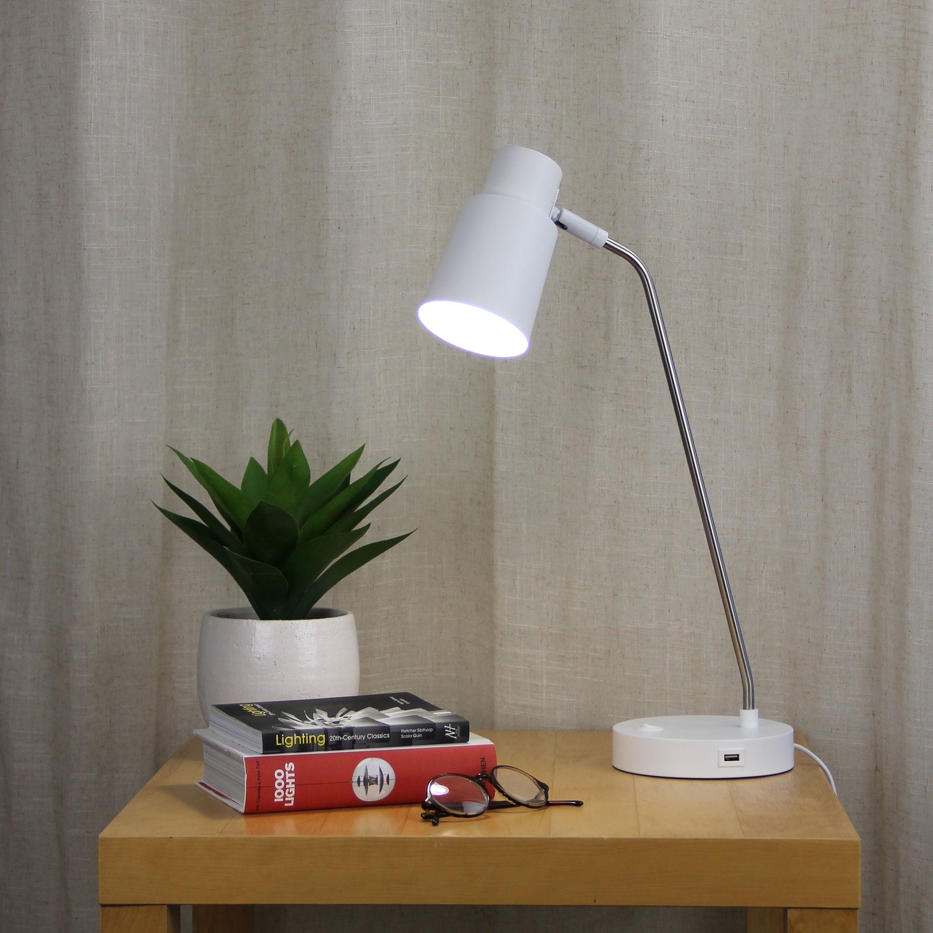RIK White/Brushed Chrome Table lamp with USB socket Oriel Lighting
