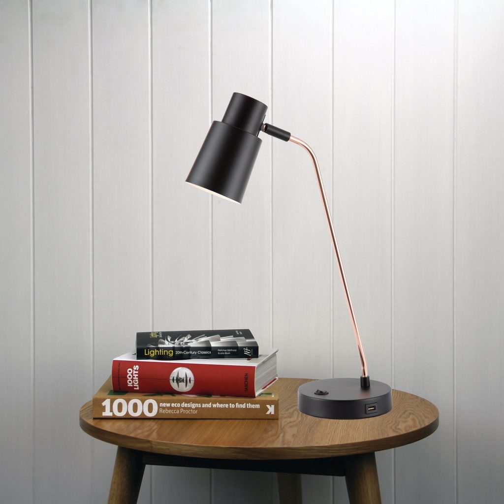 RIK Black/Copper Table lamp with USB socket Oriel Lighting