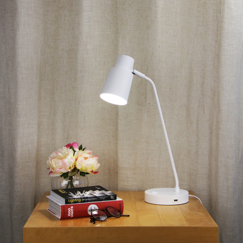 RIK White Table lamp with USB socket Oriel Lighting