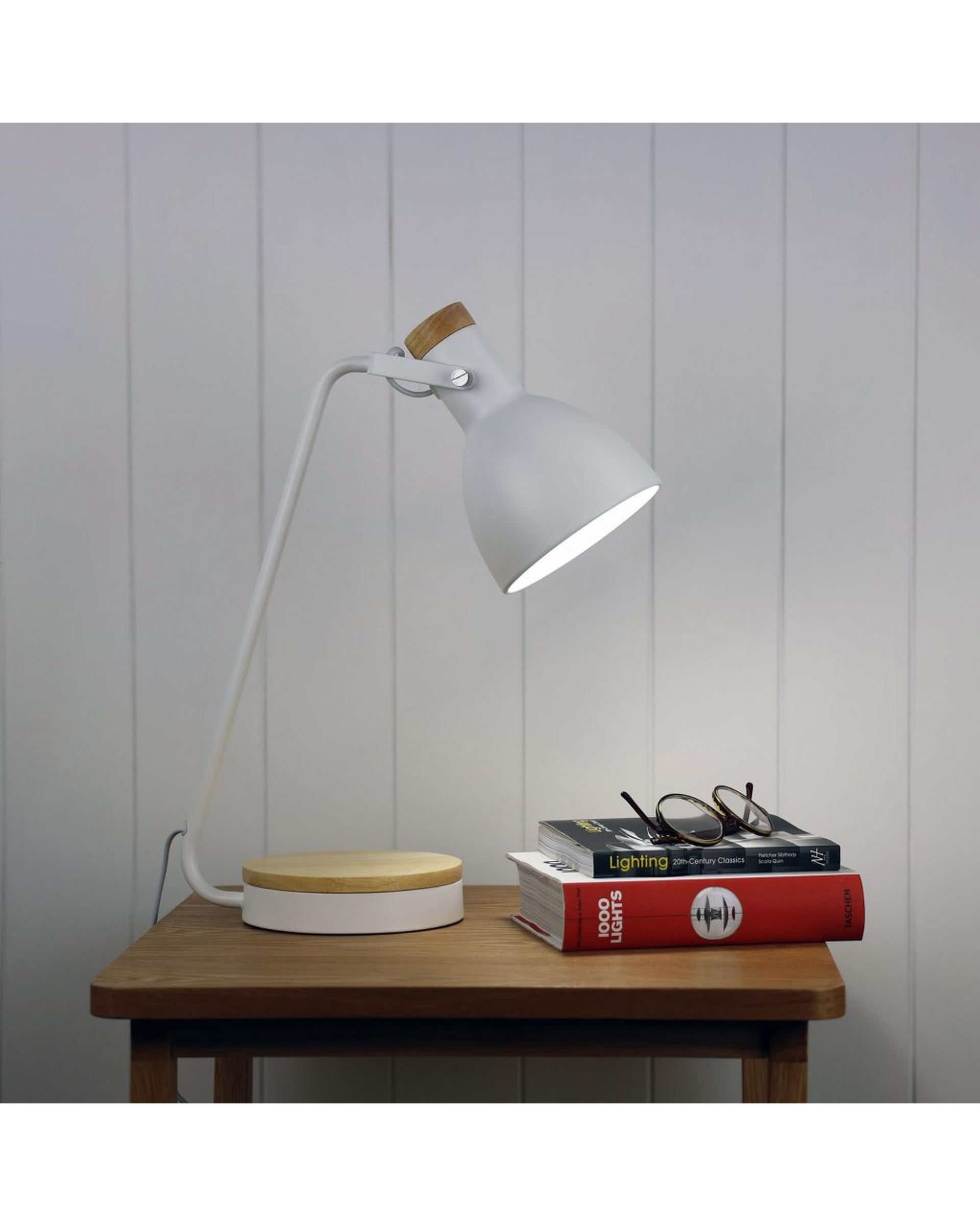 BENNY White Task Lamp with Wood Accents Oriel Lighting