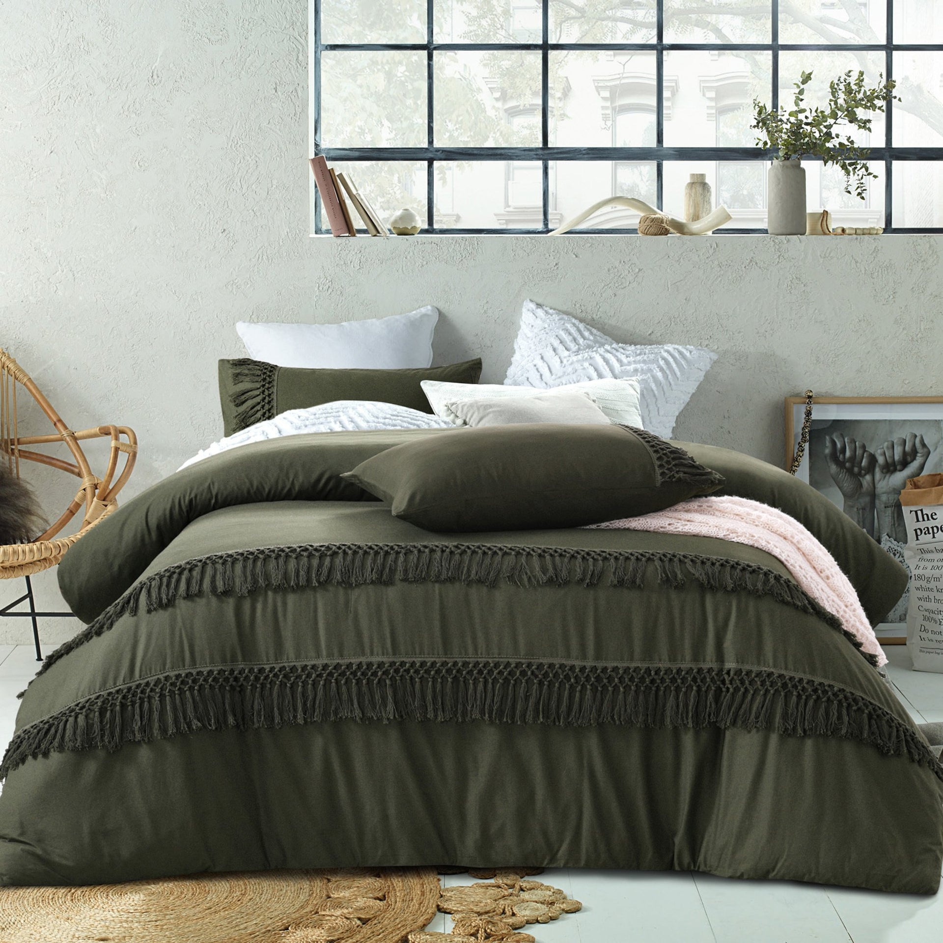 Vintage Design Olive Boho Tassel Cotton Quilt Cover Set Vintage Design