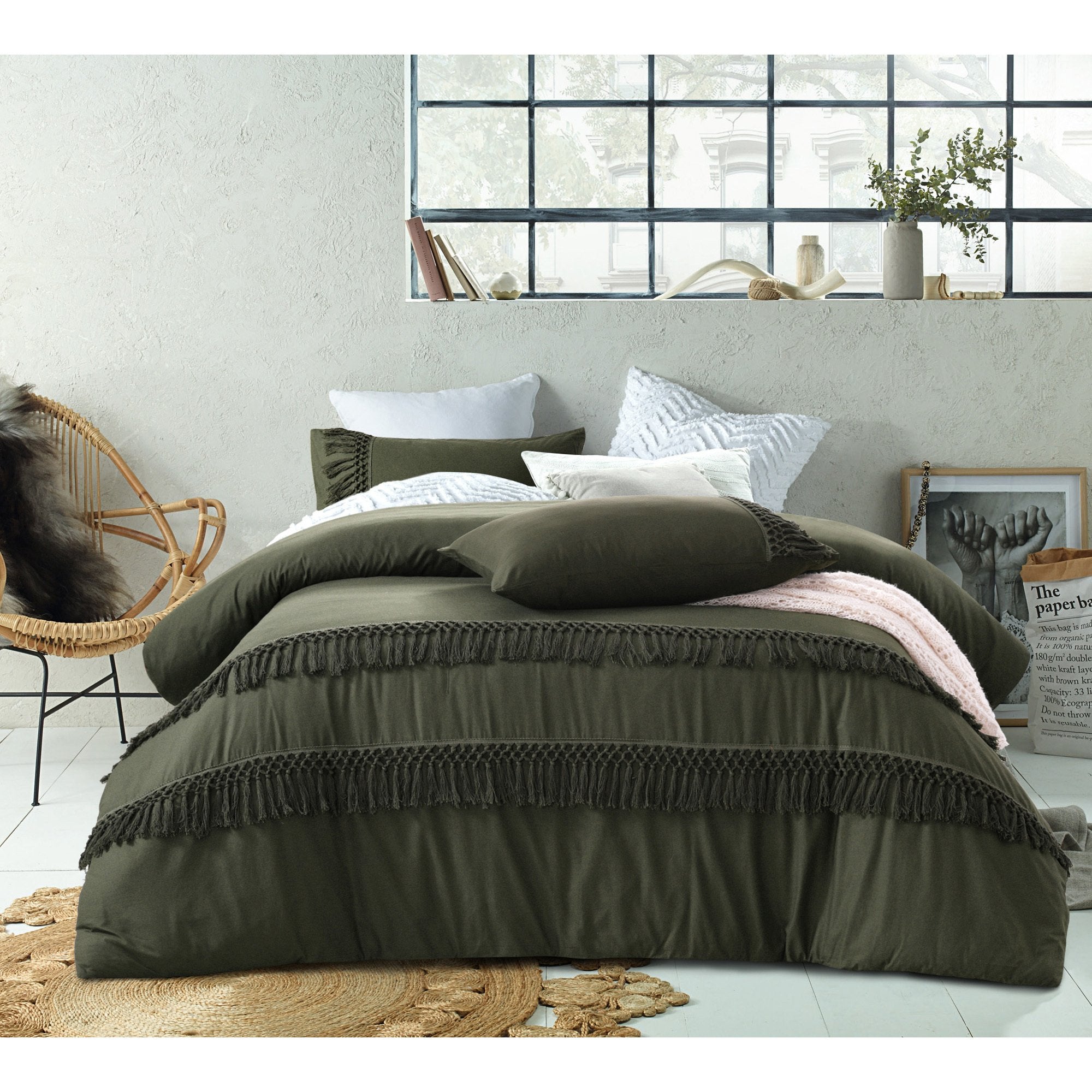 Vintage Design Olive Boho Tassel Cotton Quilt Cover Set Vintage Design