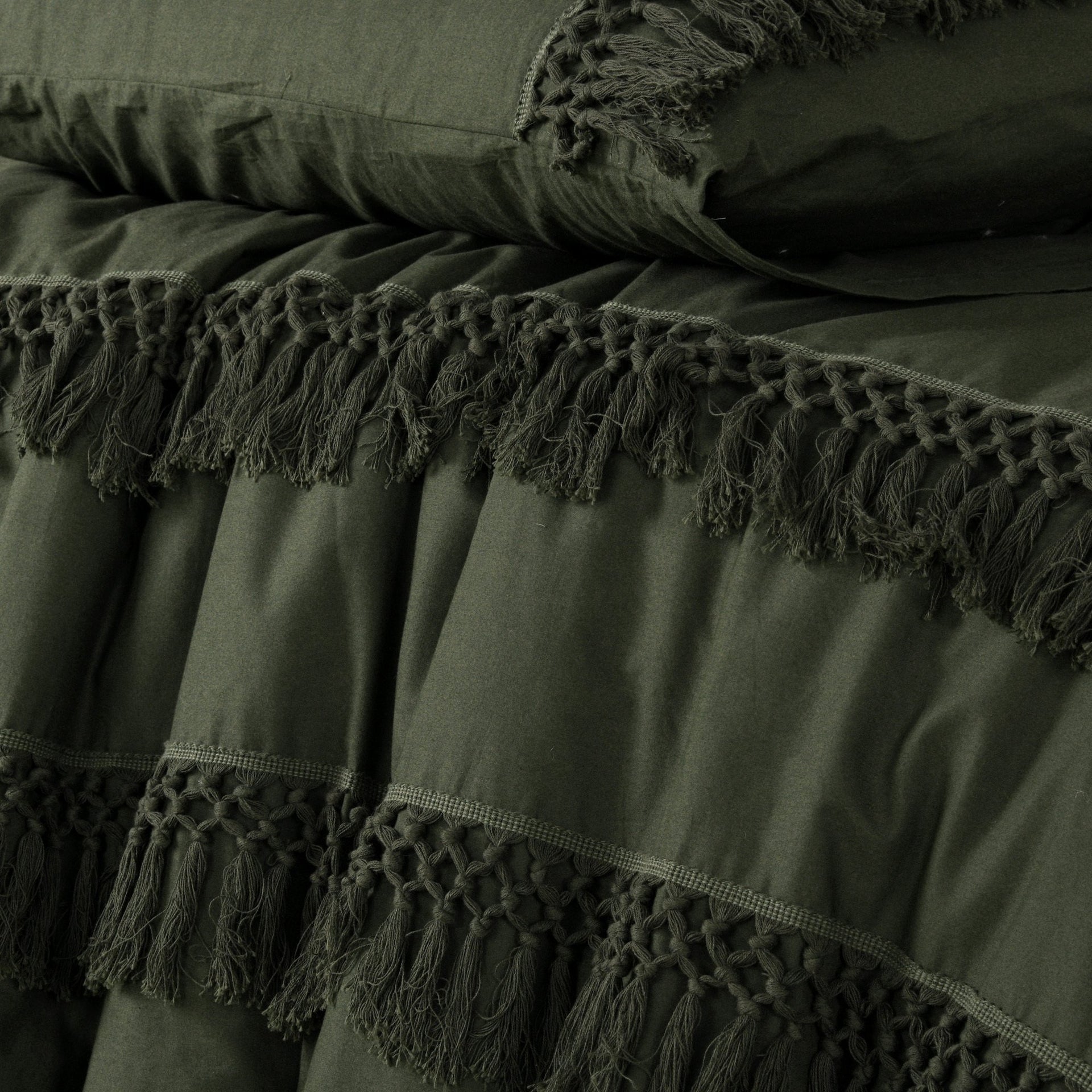 Vintage Design Olive Boho Tassel Cotton Quilt Cover Set Vintage Design