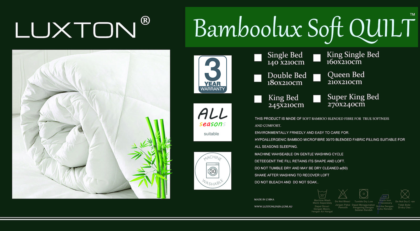 Luxton 300GSM Bamboo Soft Quilt Luxton