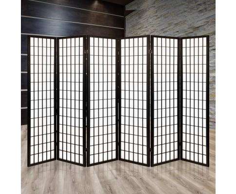 6 Panel Room Divider Privacy Screen Foldable Pine Wood Stand - Black Artiss