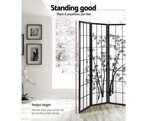 3 Panel Room Divider Screen Privacy Dividers Pine Wood Stand Shoji Bamboo Black - White Artiss