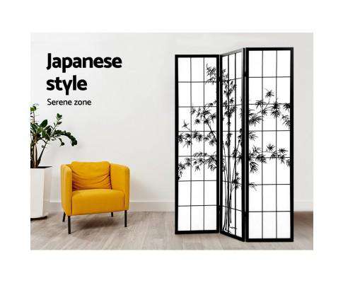 3 Panel Room Divider Screen Privacy Dividers Pine Wood Stand Shoji Bamboo Black - White Artiss