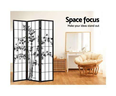 3 Panel Room Divider Screen Privacy Dividers Pine Wood Stand Shoji Bamboo Black - White Artiss