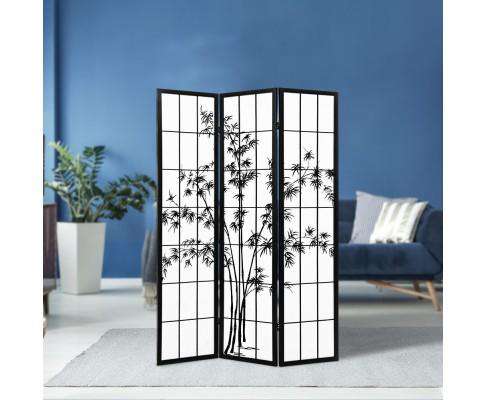 3 Panel Room Divider Screen Privacy Dividers Pine Wood Stand Shoji Bamboo Black - White Artiss