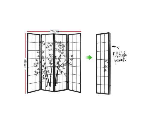 4 Panel Room Divider Screen Privacy Dividers Pine Wood Stand Shoji Bamboo - Black Artiss