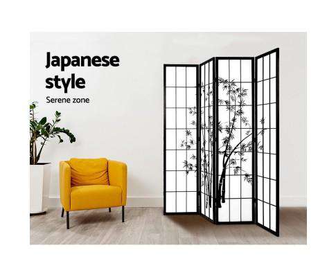 4 Panel Room Divider Screen Privacy Dividers Pine Wood Stand Shoji Bamboo - Black Artiss