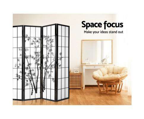 4 Panel Room Divider Screen Privacy Dividers Pine Wood Stand Shoji Bamboo - Black Artiss