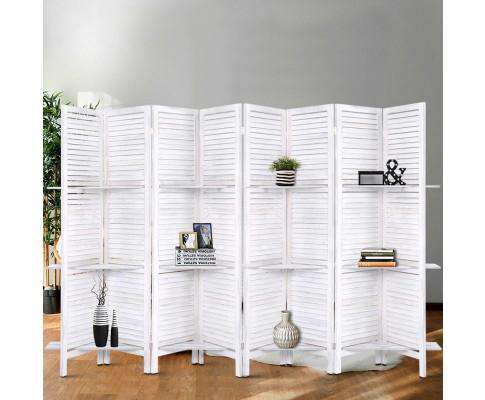 Room Divider Screen 8 Panel Privacy Foldable Dividers Timber Stand Shelf - White Artiss