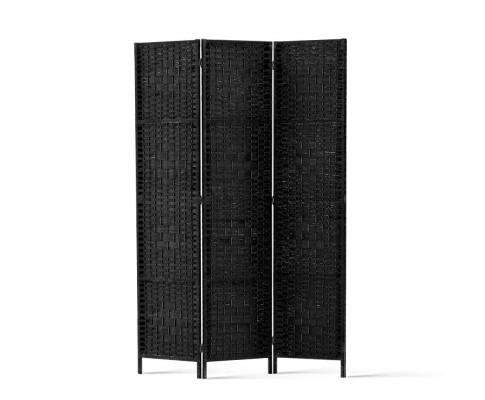 3 Panel Room Divider Privacy Screen Rattan Woven Wood Stand - Black Artiss