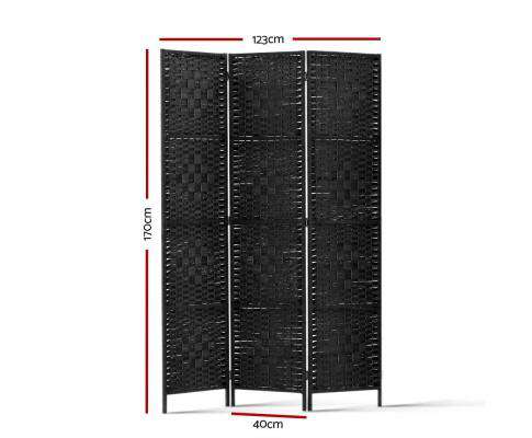 3 Panel Room Divider Privacy Screen Rattan Woven Wood Stand - Black Artiss