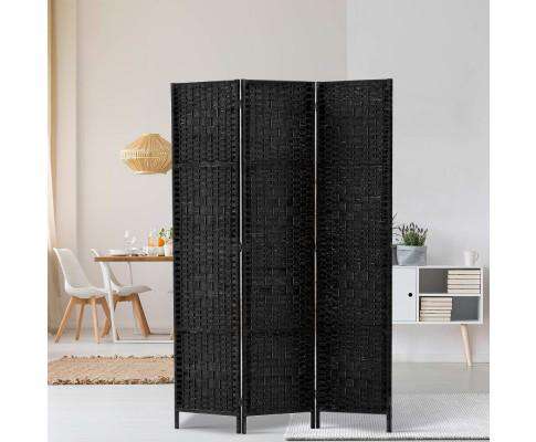 3 Panel Room Divider Privacy Screen Rattan Woven Wood Stand - Black Artiss