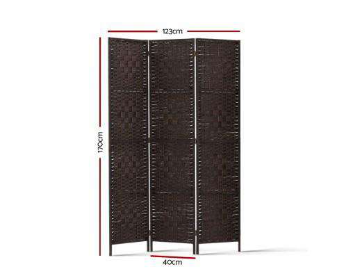 3 Panel Room Divider Privacy Screen Rattan Woven Wood Stand - Brown Artiss