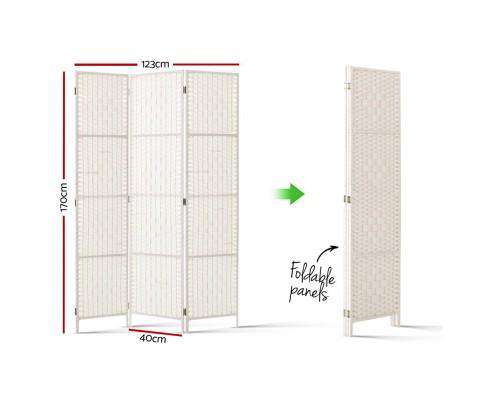 3 Panels Room Divider Screen Privacy Rattan Timber Fold Woven Stand - White Artiss