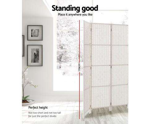 3 Panels Room Divider Screen Privacy Rattan Timber Fold Woven Stand - White Artiss