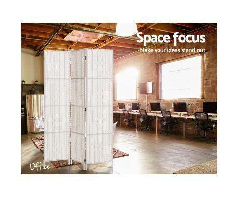 3 Panels Room Divider Screen Privacy Rattan Timber Fold Woven Stand - White Artiss