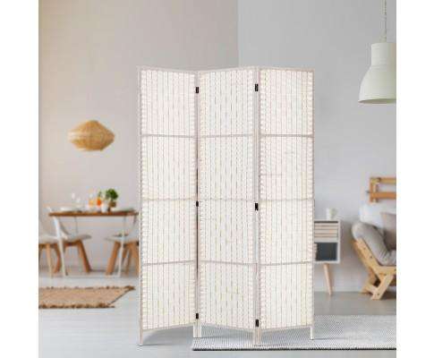 3 Panels Room Divider Screen Privacy Rattan Timber Fold Woven Stand - White Artiss