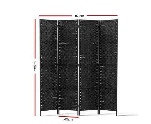 Rattan 4 Panel Foldable Wooden Room Divider - Black Artiss