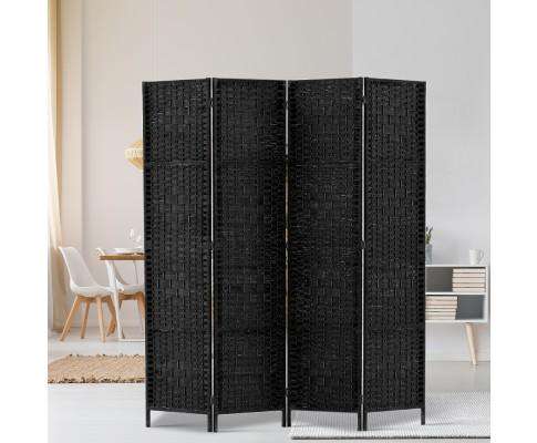 Rattan 4 Panel Foldable Wooden Room Divider - Black Artiss