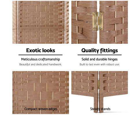 Rattan 4 Panel Foldable Wooden Room Divider - Brown Artiss